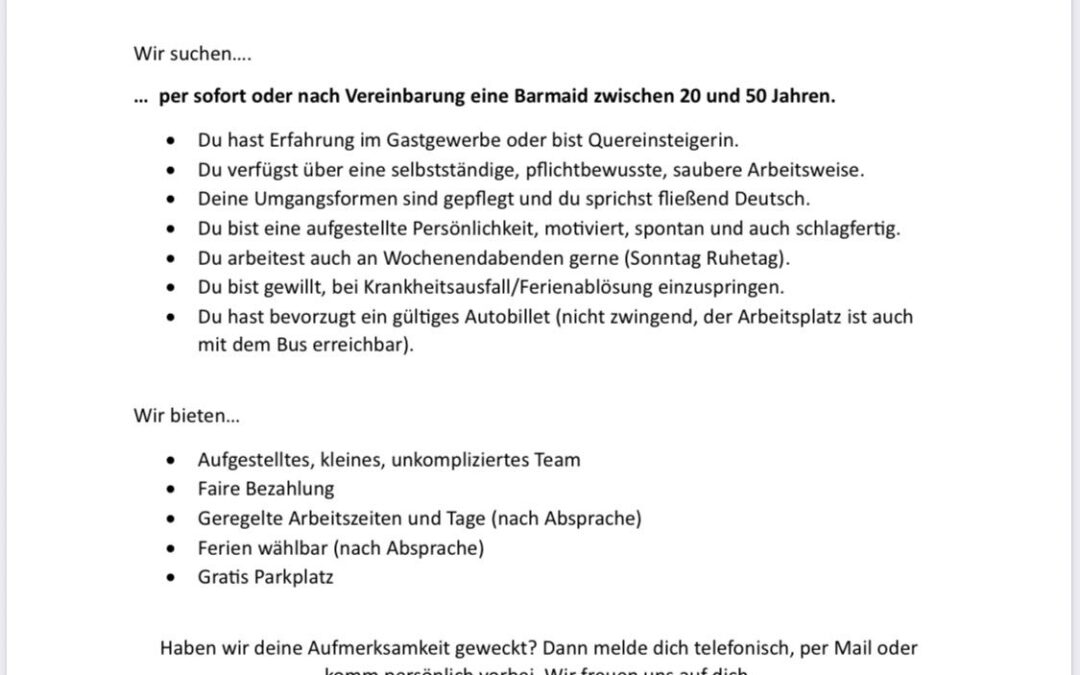 Unsere ländliche Bar sucht Verstärkung!